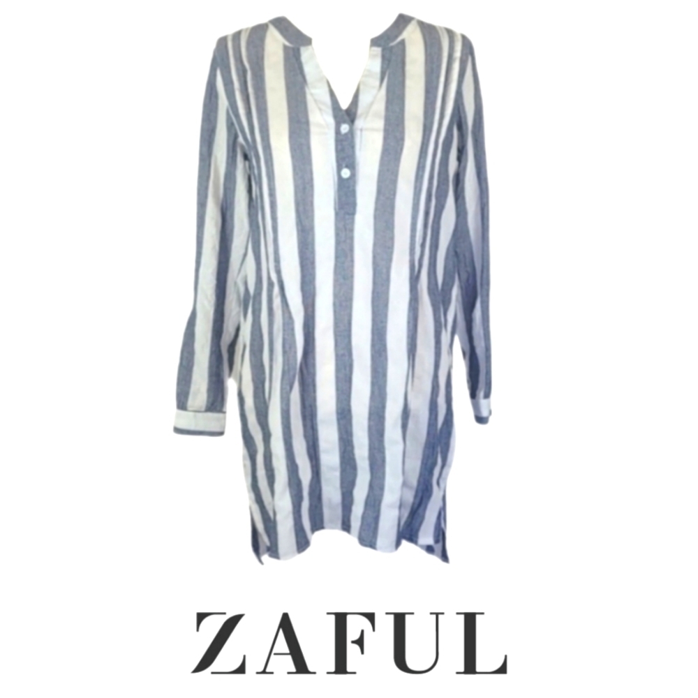 Vertical Striped Long Sleeve Tunic Top in Blue and White, M
